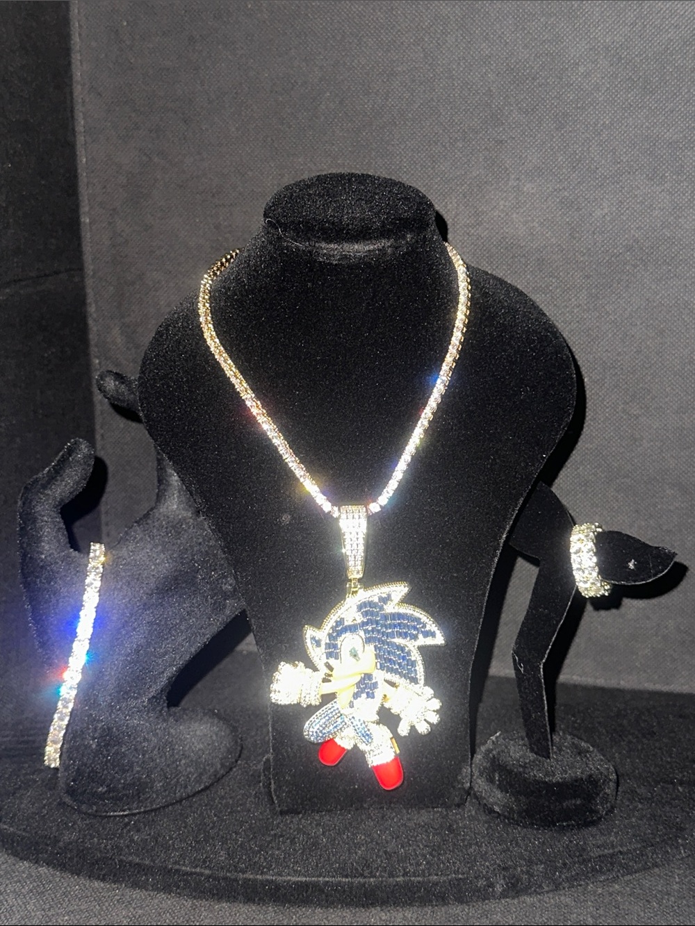 Gold-Tone Sonic the Hedgehog Crystal Pendant Necklace - Blue & Red